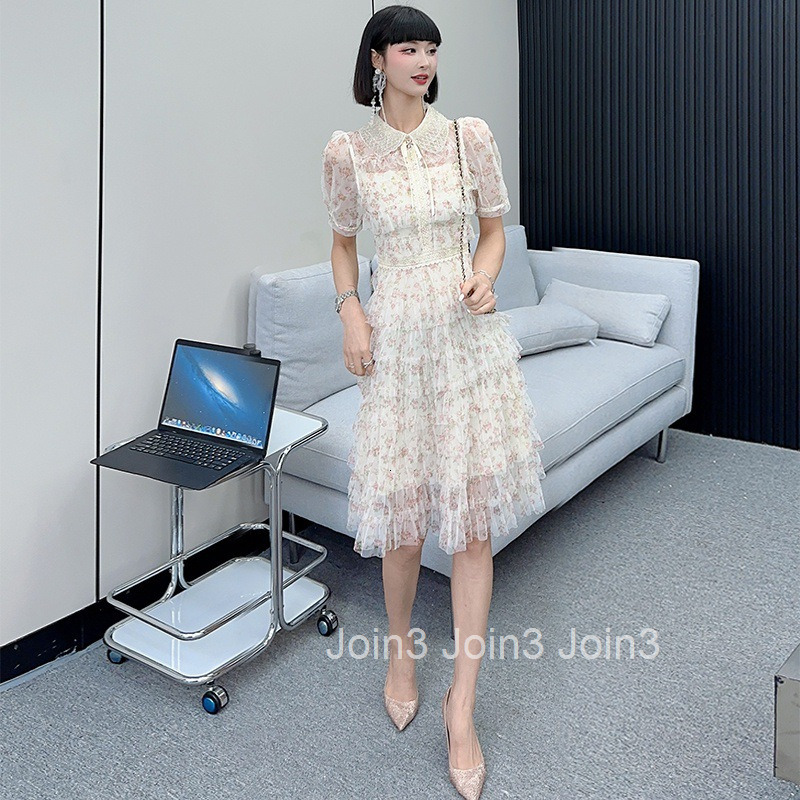 Summer Womens New French Heavy Craft Fashion Floral Cake Dress Short Sleeve Dress Midi Dress