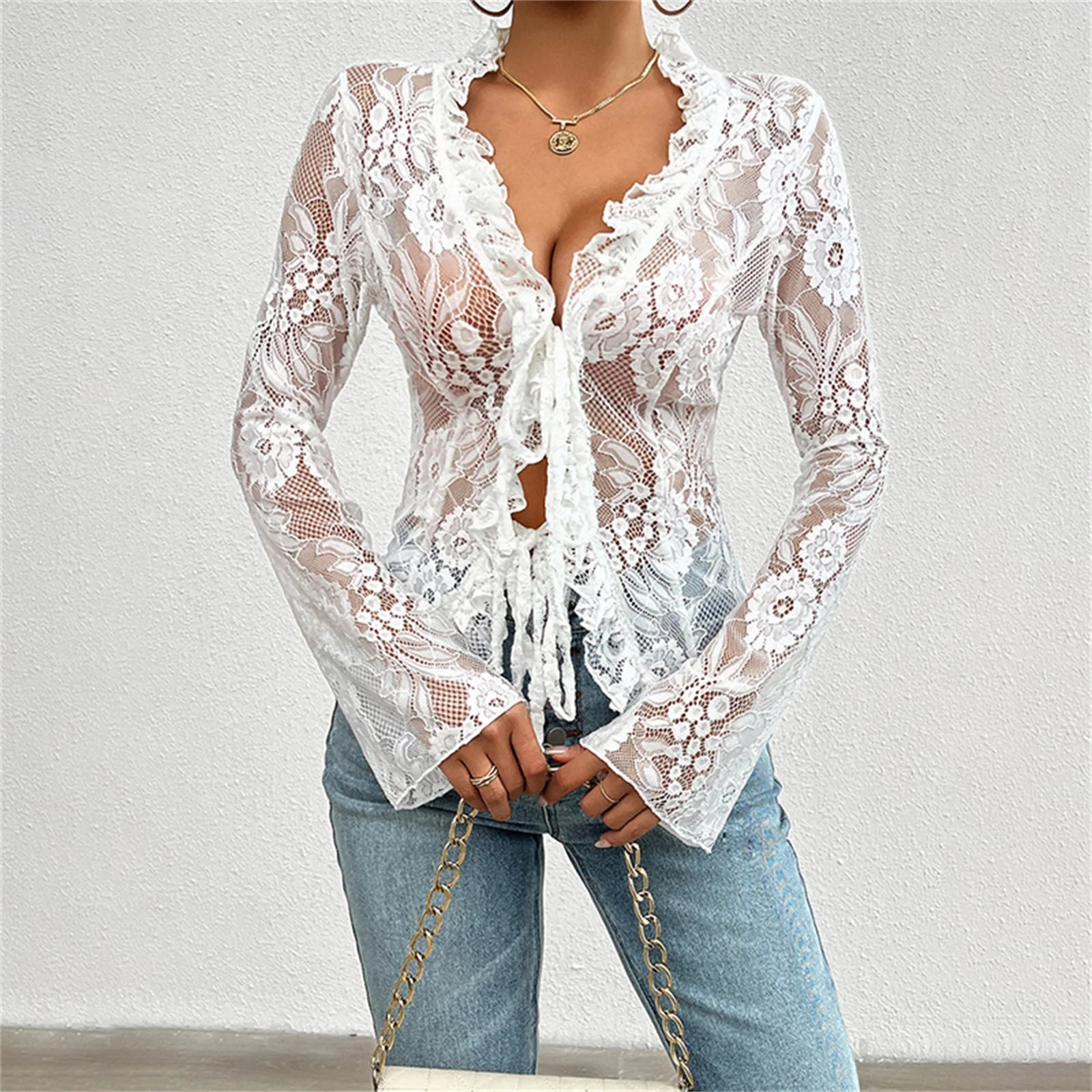 Sexy Women Mesh Lace TShirts Long Sleeve Tops Transparent Casual Sheer Basic Tie Front Shirt Blouses for Club Aesthetic Clothes 250729