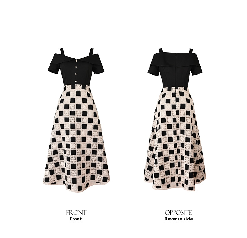 2025 Summer New Temperament French Dress Splicing Black And White Plaid Lace Long Skirt 6116194