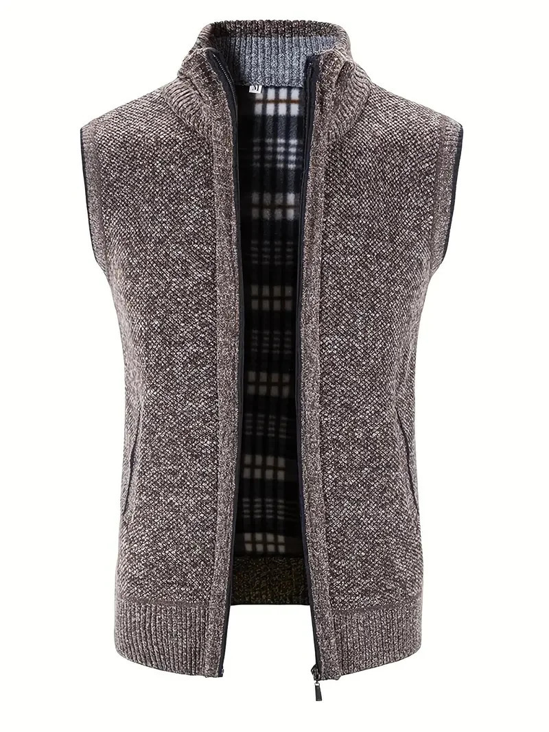 Man Winter Sweater Solid Color Vest Leisure And Comfortable Warm Zippered Stand Up Collar Sleeveless Vest 250729