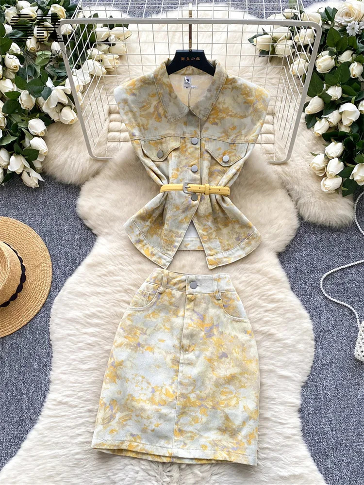 SINGREINY Vintage Print Denim Set Women Sleeveless Polo Neck Button Belt n TopsBodycon Skirt Streetwear Summer 2pcs Suits 250728