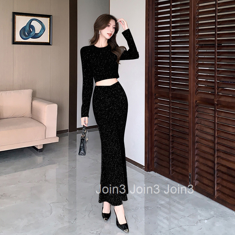 25 Spring and Autumn New Fashionable Socialite Street Style Elegant Shiny Long Sleeve T-Shirt Top + Midi Skirt Two-Piece Set