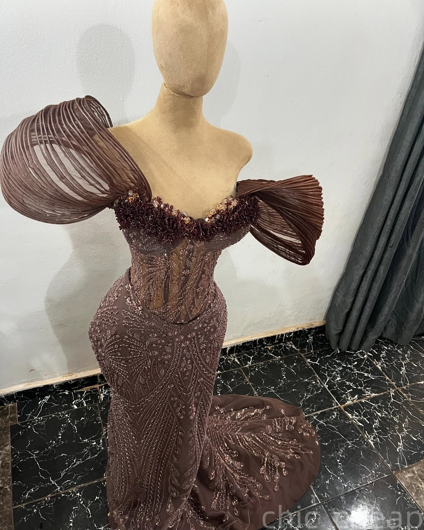 Mermaid Chocolate Prom Dresses 2025 Illusion Crystals Sequined Evening Formal Party Second Birthday Engagement Gowns Plus Size Dress For Special Occas