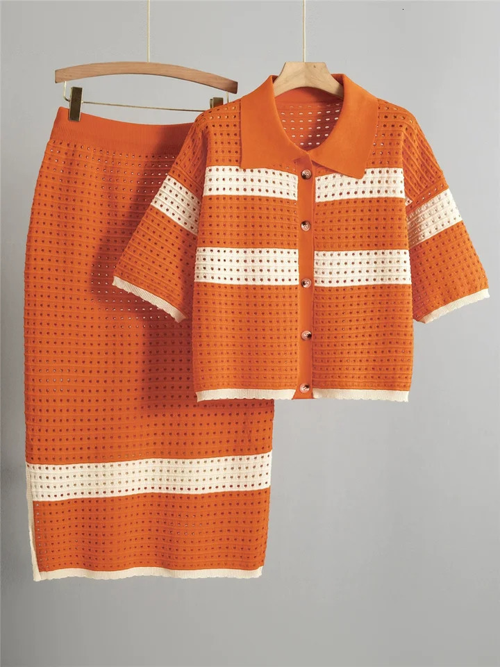 Hollow Out n 2 Piece Sets Women Lapel Neck Knitted Short Sleeve Tops Cardigan High Waist Straight Skirts Outfit 250729