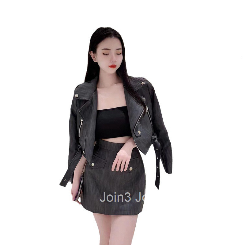 Autumn Winter New Style Elegant French Design Motorcycle Style Suit Collar Short Jacket + High Waist Short Skirt Set for Women