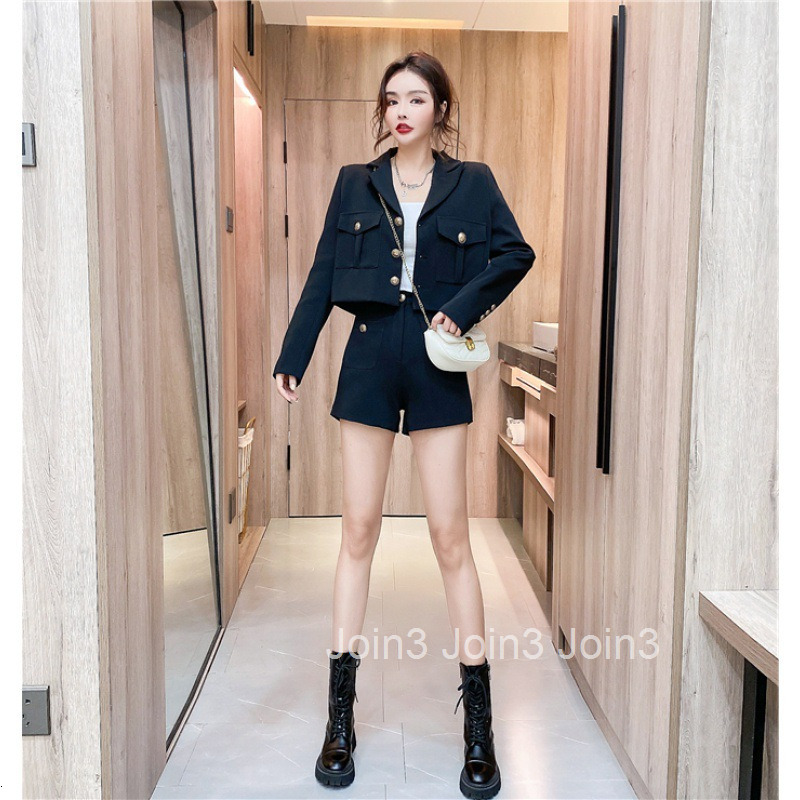 Autumn Winter Fashion Internet Celebrity Stylish Blazer Collar Long Sleeve Jacket Top + Camisole + Shorts Three-Piece Set