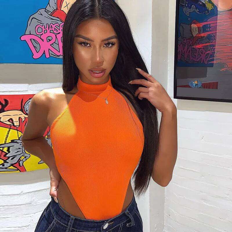 Sexy High Street Bodycon Neon Bodysuits Summer Colorful Sleevelss Backless Fess Outfit Club Party Jumpsuit Combinaison Femme