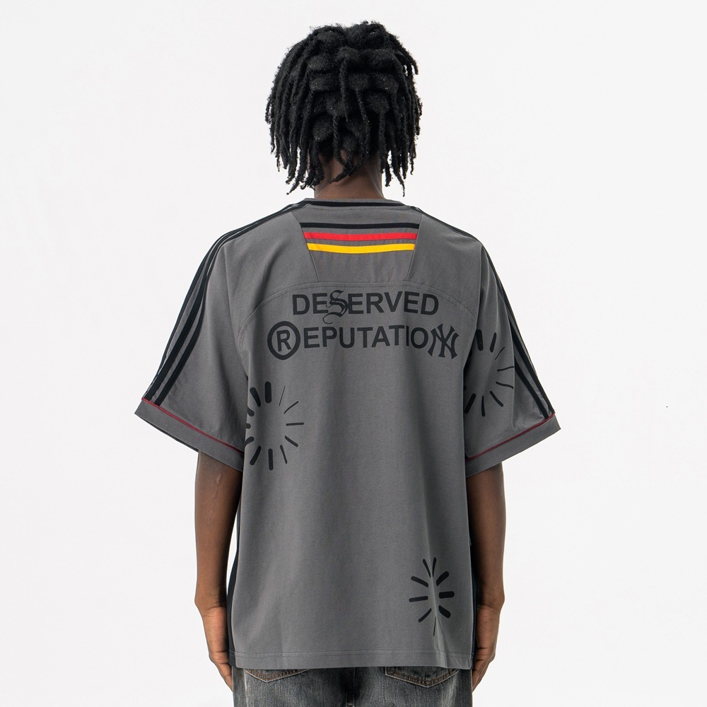 Lanhai Mens Clothing 2025 Spring Summer New Trendy Brand V-Neck Striped Loaded Print Sports Short Sleeve T-Shirt for Men