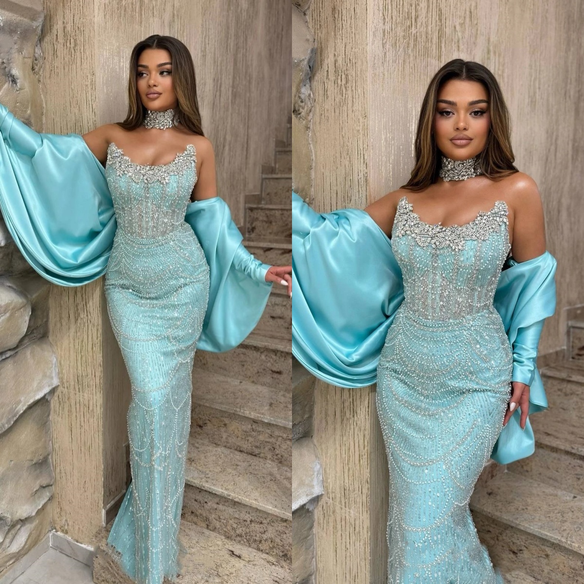 Modern Evening Dresses Strapless Beading Prom Dress Rhinestone with Detachable Shawl Crystal Sequins Mermaid Party Gowns Vestidos De Noche Plus Size