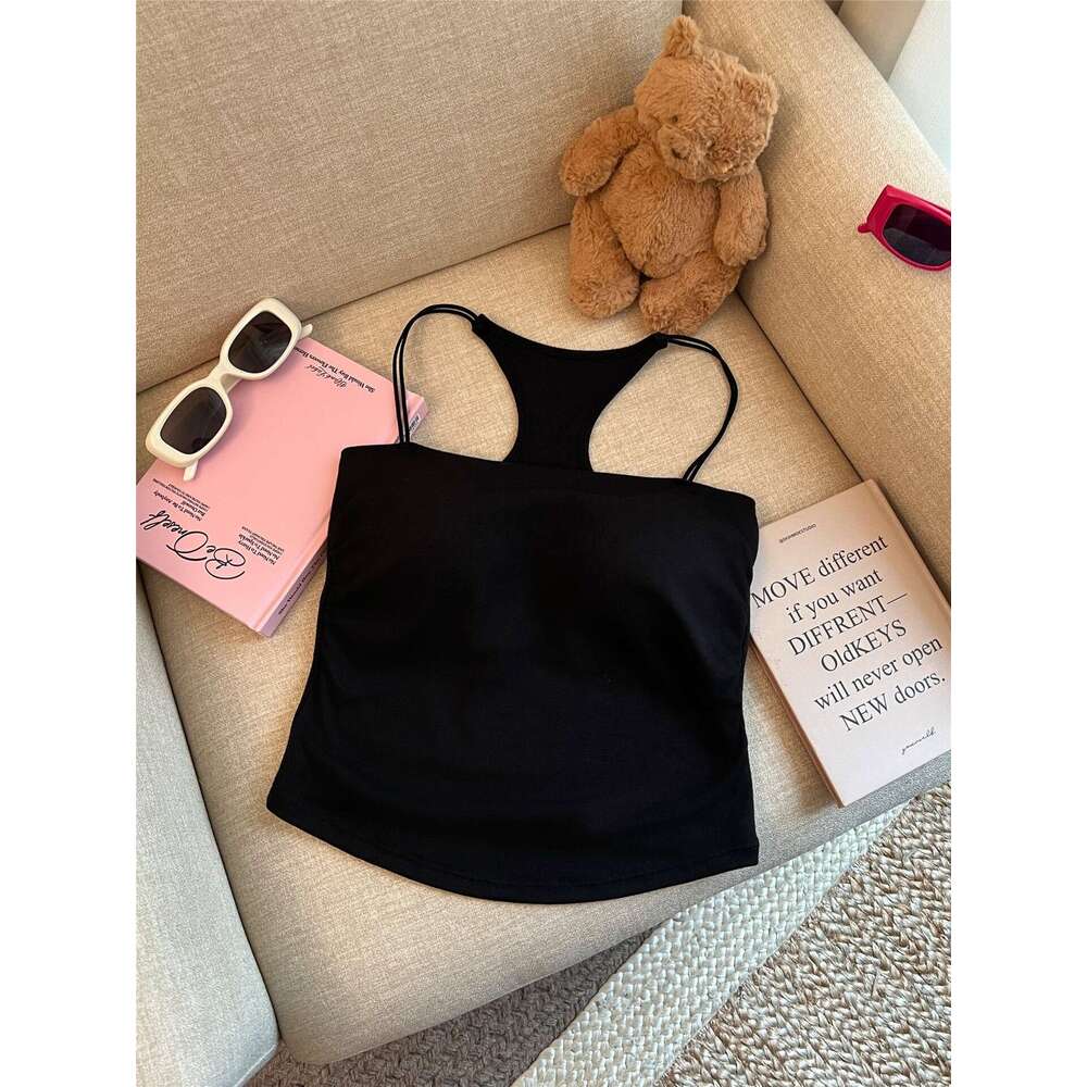 Designer T Shirt Sweet Spicy Girl Solid Color Racerback Camisole With Chest Pad Ruched Design Slim Fit Short Style Beautiful Back Top For Women