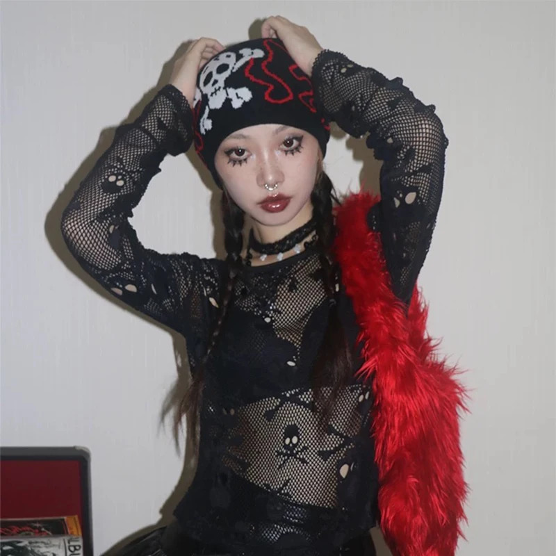 Personal Punk Skull Demon Knitted Hats Autumn and Winter Unisex Dark Series Warm Street Versatile Niche Fashion Hip Hop Beanies 250724