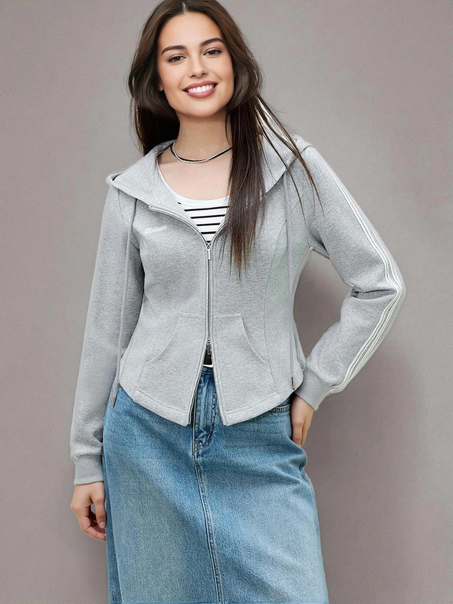 Dushu Plus Size Womens Hooded Slim Fit Hoodie Jacket for Spring Casual Double Zipper Top Loose 25DS81123 250729