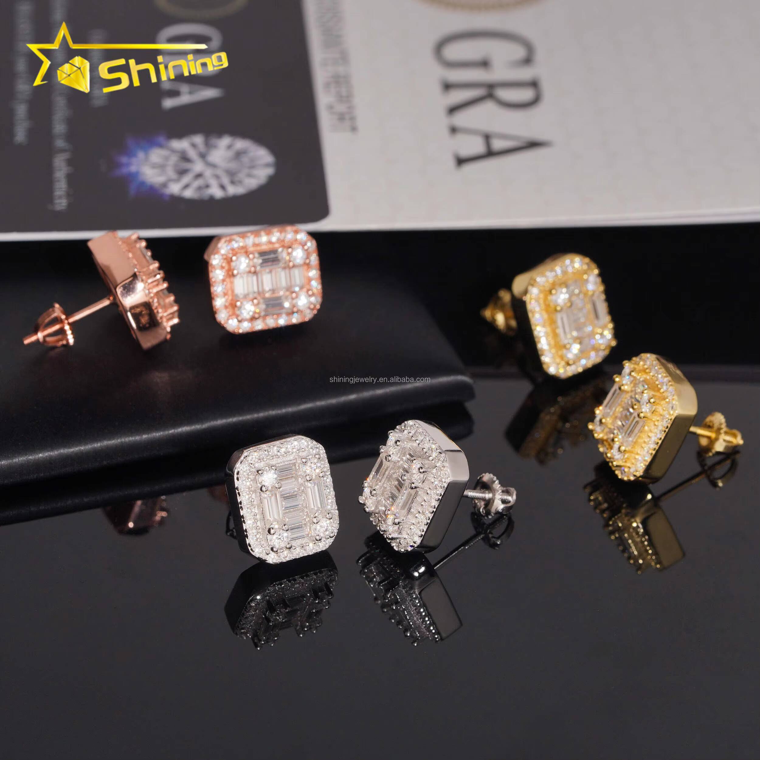 Unique Design Bulk Stock GRA Certificate Stud Earrings Baguette VVS Moissanite Diamond Iced Out 925 Silver Fashion Stud Earrings