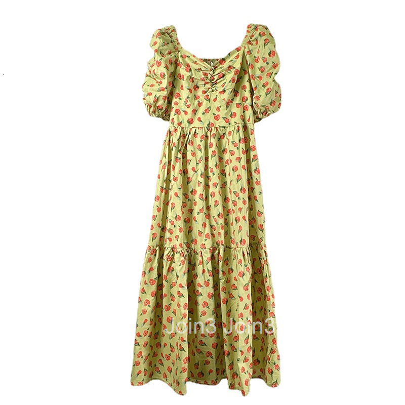 Summer New French Style Small Floral Dress V-neck High Waist Short Sleeve Printed Midi Dress