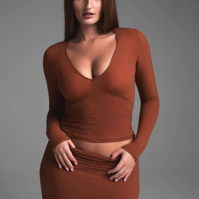 Qtp602 Women's Autumn Winter Sexy Deep V Neck Solid Color Short Cropped Ripped Long Sleeve Top T-Shirt B5