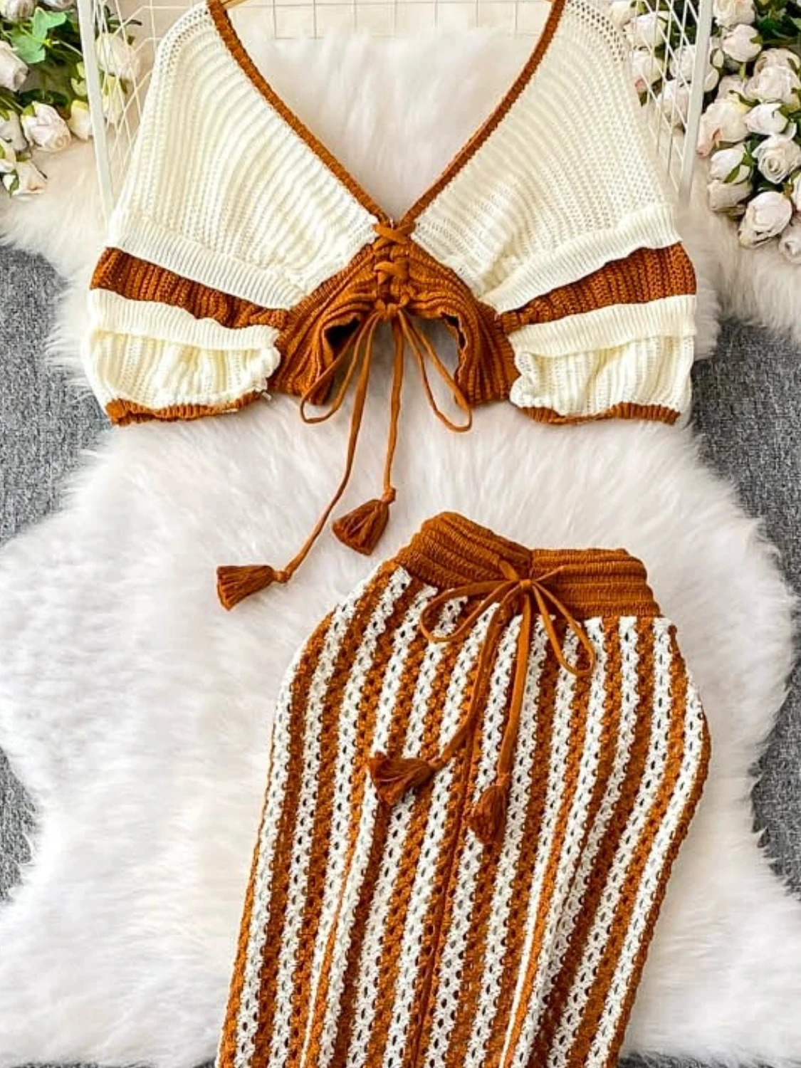 Summer Women Deep Vneck Short Sleeve Knitted Tops High Waist Lace Up Striped Long Wrap Skirt Twopiece Set 250729