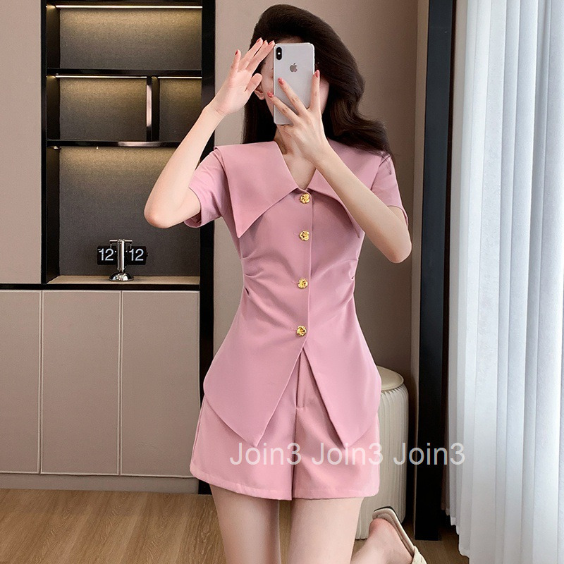 Summer French Fashion Two-Piece Design Large Lapel Waist-Cinching Ruched Short Sleeve Top Wide-Leg Shorts Set for Women