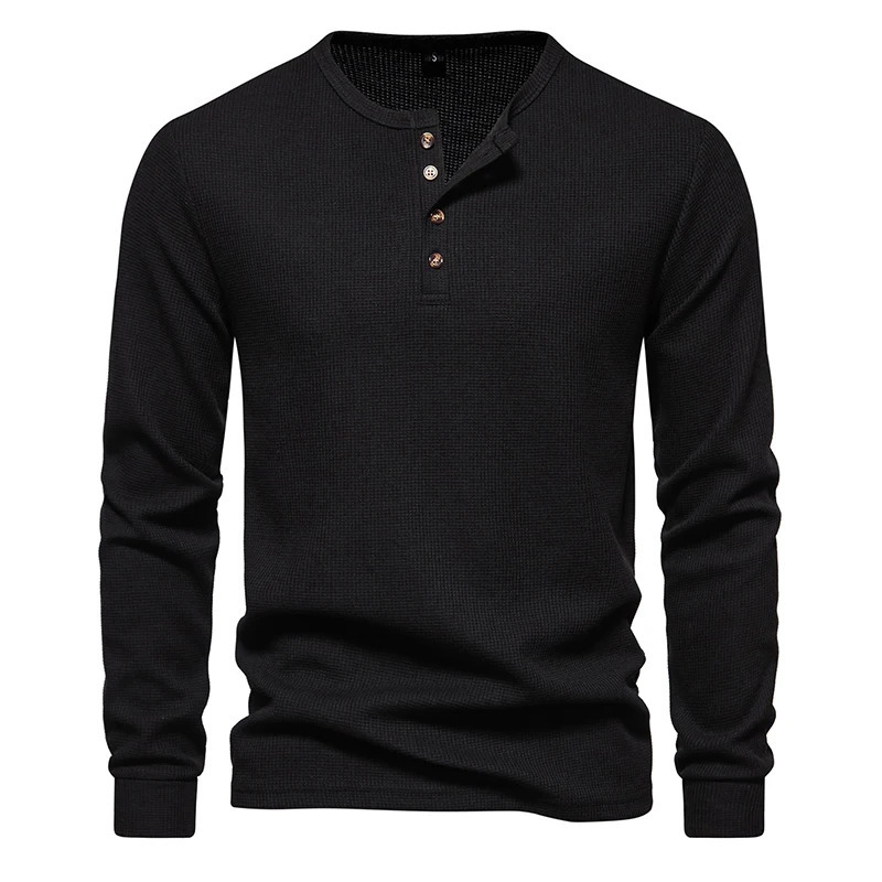 Autumn Fashion Waffle TShirt Men Basic O Neck Button Long Sleeve TShirts Casual Solid Color Breathable Henley Top Tees 250729