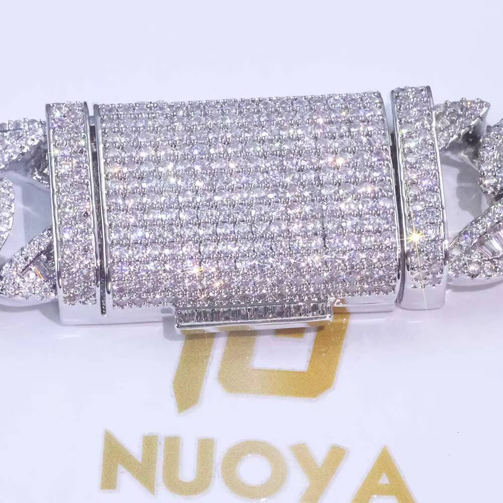 NUOYA 15mm Cuban Chain Necklace 925 Silver Full Iced Baguette Cut VVS Moissanite Mixed Inlay Hip Hop Jewelry Unisex