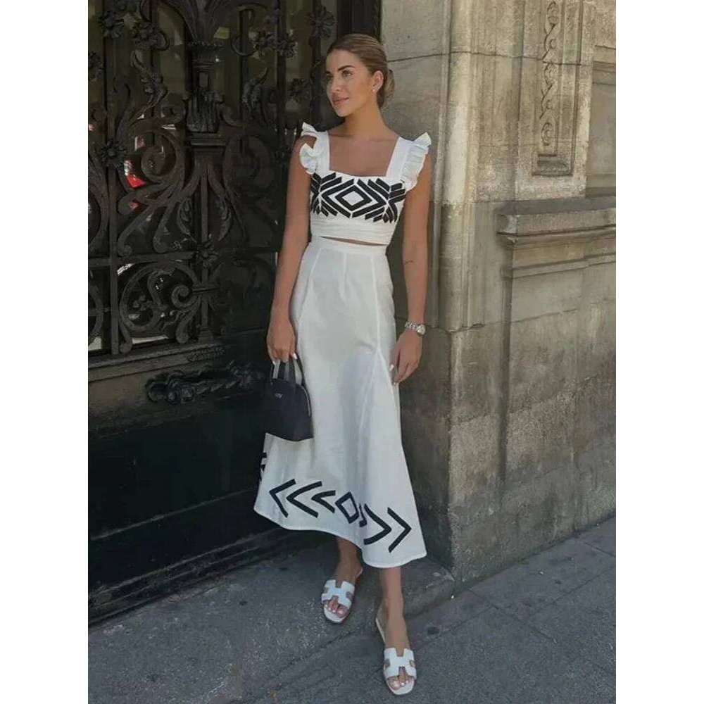 New Causal Two Piece Summer Plaid Fly Sleeve Crop Tops Print Skirt Dress Sets Holiday Elegant Women Outfits