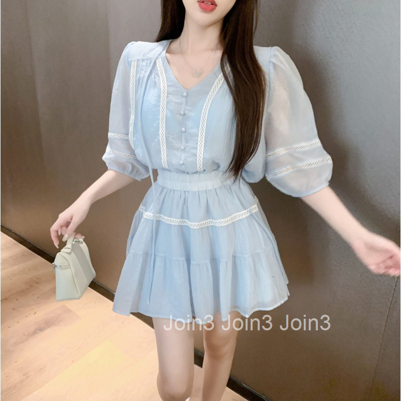 Summer New Elegant Short Sleeve Tie V-neck Shirt Top Mid-length + Elastic Waist Short Skirt Set for Women