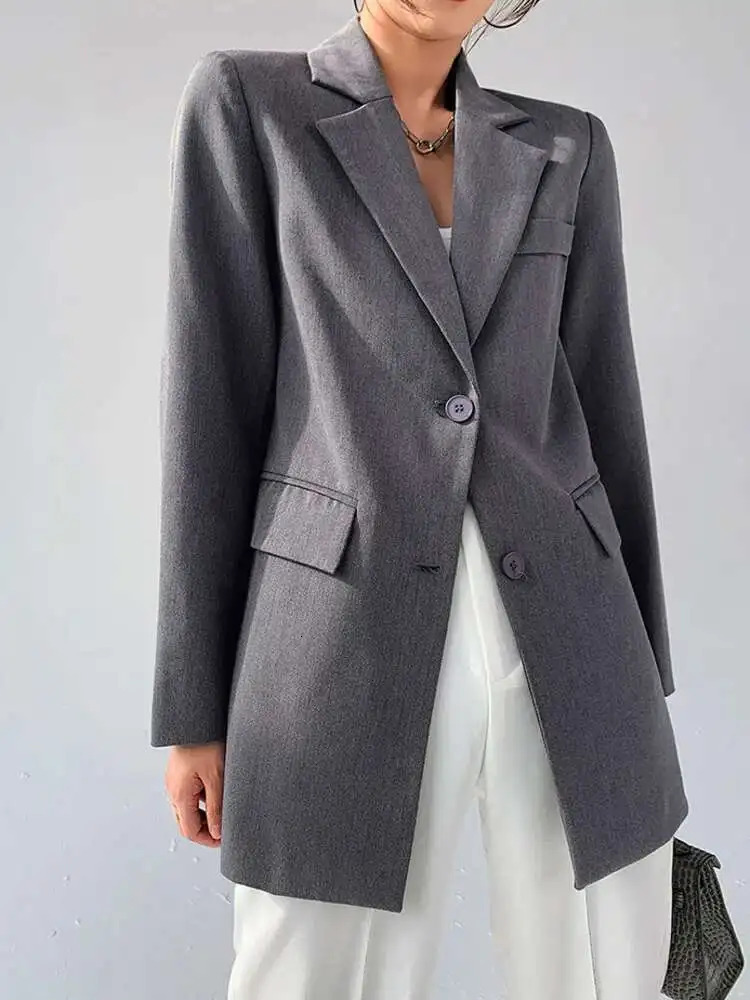 LANMREM ner Back Button Blazer for Women Gray Notched Long Sleeve Fashion Female Coat Spring Clothing 250715