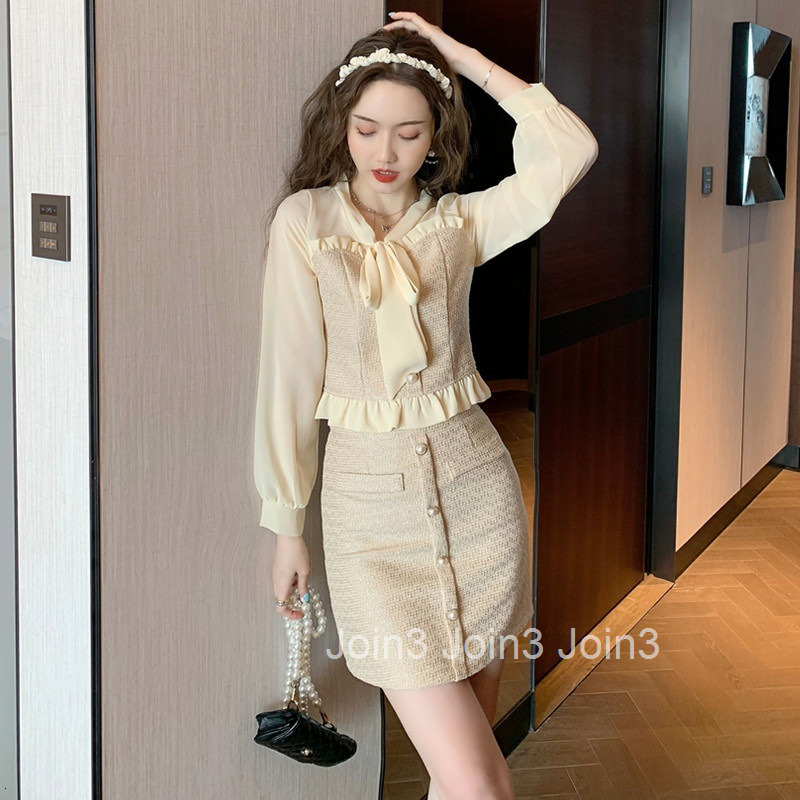 Autumn Winter New Style Elegant Slim Fit Bow Collar Long Sleeve Top and Short Skirt Set for Women
