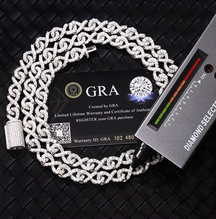 IGI Certified Mens Hip Hop 925 Silver Cuban Chain 14K White Gold Plated VVS Moissanite Diamond Cut Link Cross Flower Pattern