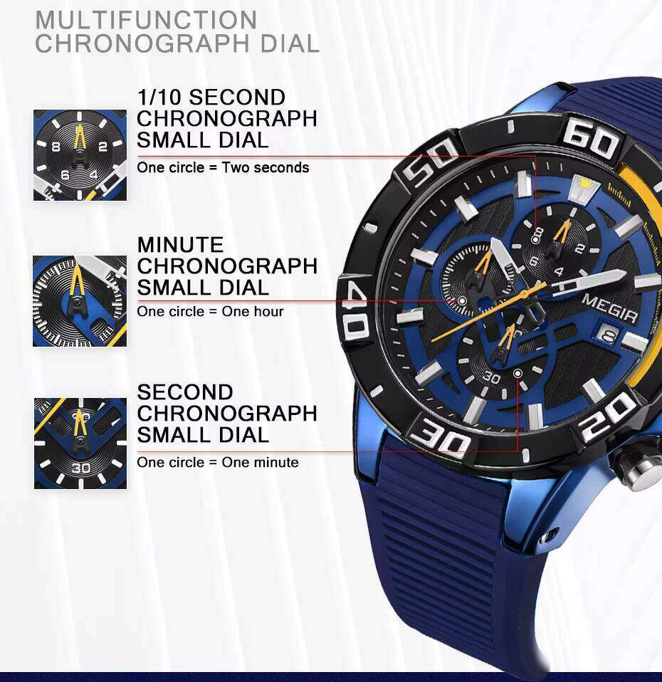 DHwatches MEGIR 2121 Men's Oversized Sports Watch - 58mm Silicone Strap, Waterproof 30M, Luminous, Chronograph, Date Display