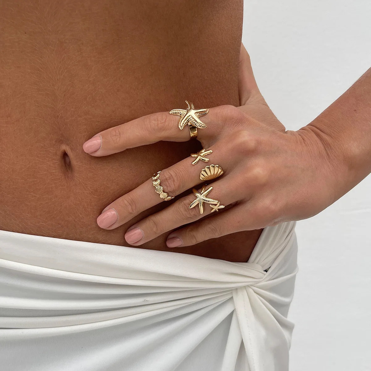 LATS 4PcsSet Starfish Scallop Adjustable Open Rings for Women Summer Trendy Geometric Gold Color Beach Jewelry Accessory 250715