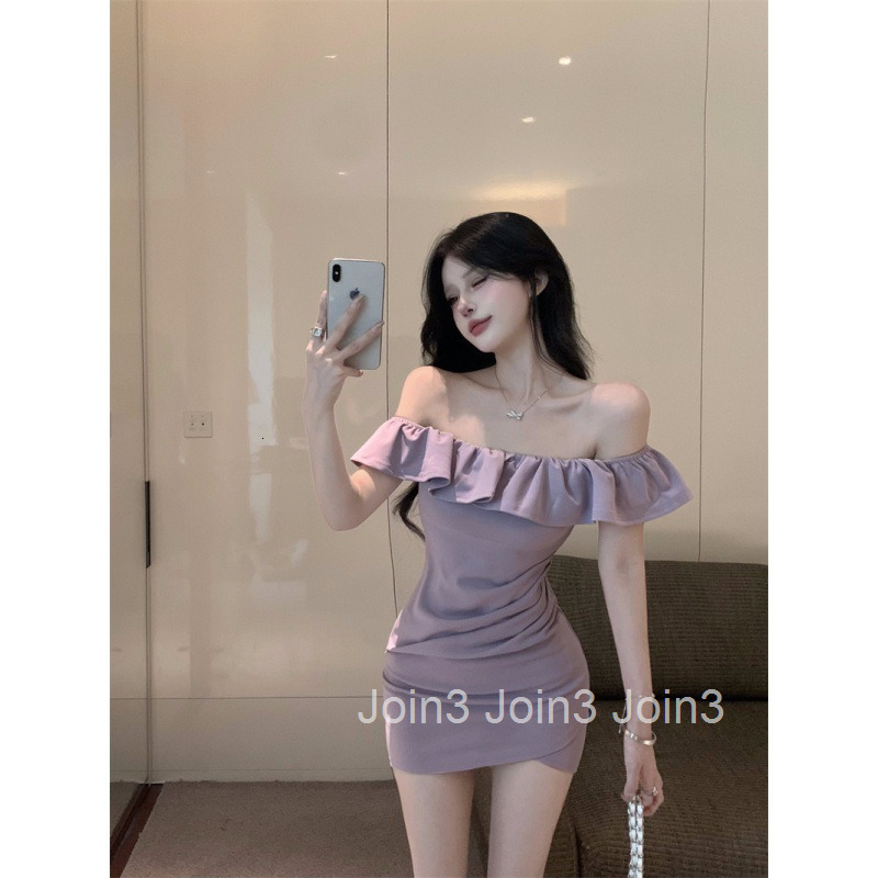 Summer New Ruffled Collar Slim Fit Bodycon Dress Off-Shoulder Two-Way Wear Slimming Short Dress