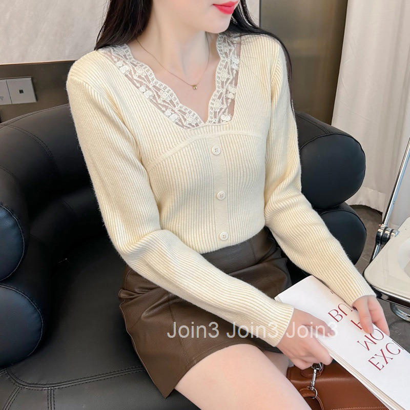 Winter Spring New Lace Patchwork V-Neck Ribbed Slim Pullover Knitted Sweater Womens Short Top
