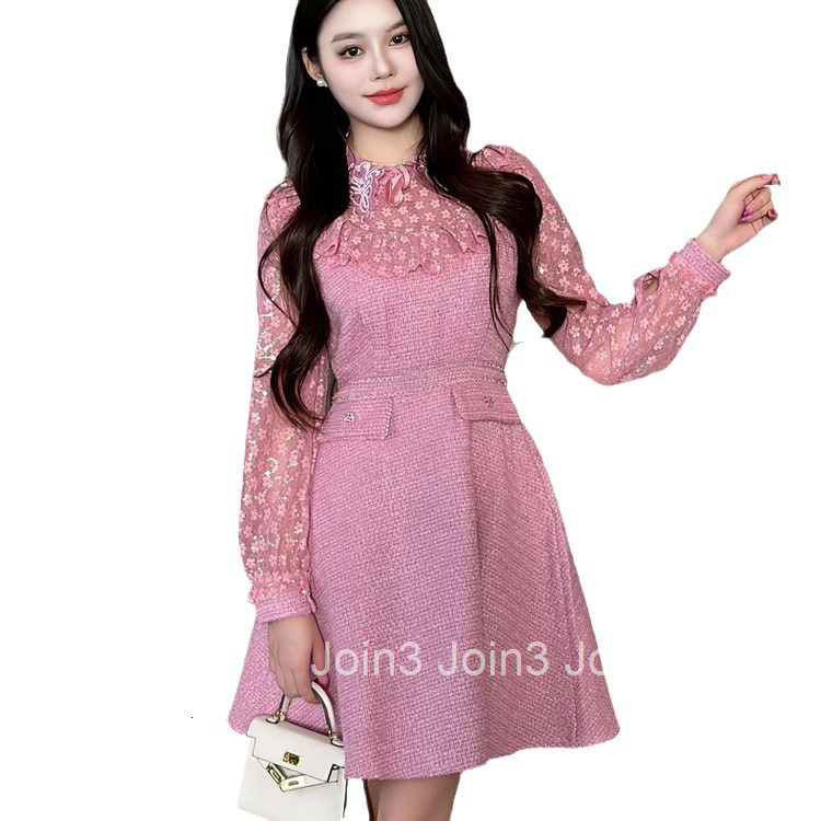 Plus Size Women Winter Spring New Luxury Heavy Beading Sweet Mid-Length Waist-Slimming Long Sleeve Base Dress