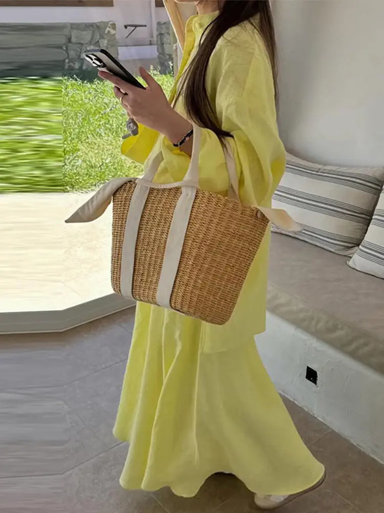 Fashion Loose Womens Two Piece Turn-down Collar Full Sleeve Single Breasted Top Draped Long Skirt 2025 Summer Lady Causal Set 250728