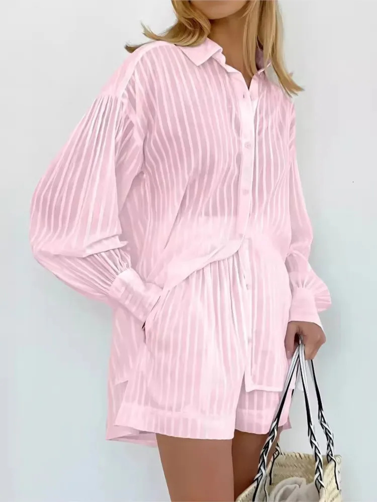 Spring Summer Solid Cotton Short Two Piece Set Women Stripe Long Sleeve Shirts Shorts 2 Sets Simple Style Lady Suit 250729