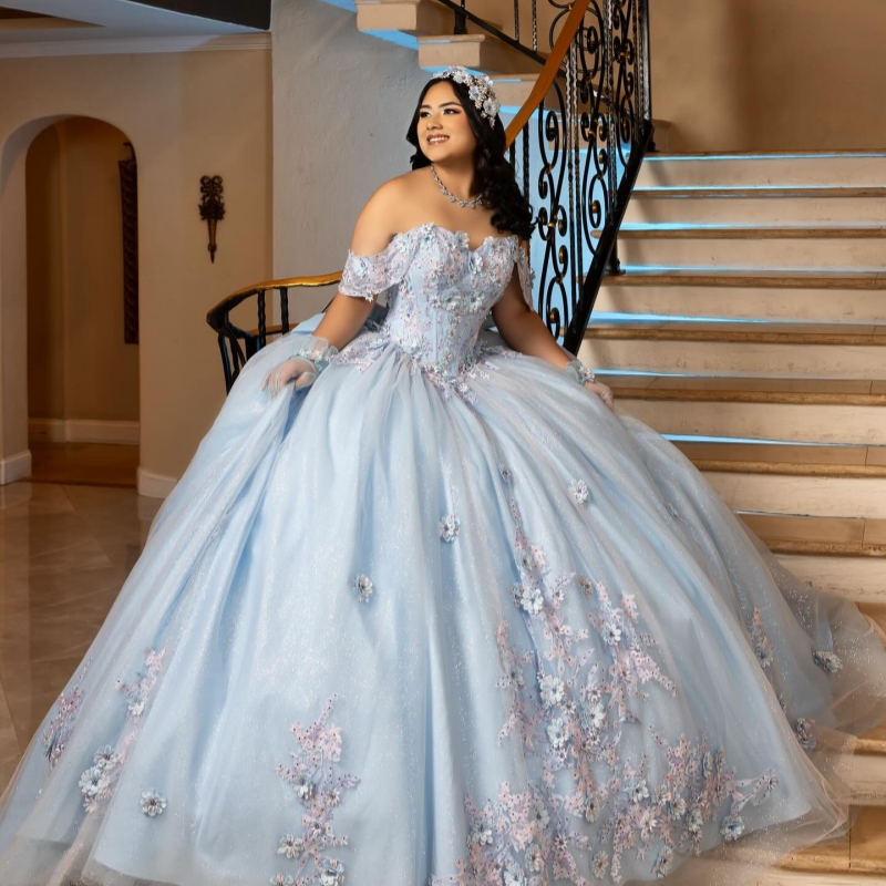 Sky Blue Shiny Quinceanera Dresses Ball Gown Off The Shoulder Applique Flower Beads Party Birthday Sweet 16 Dress Vestidos 15 Anos