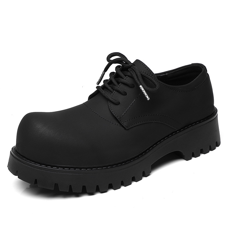 Derby Men's Black Matte Large Leather 2023 New Autumn Winter Thick Sole Trendy Shoes 1026