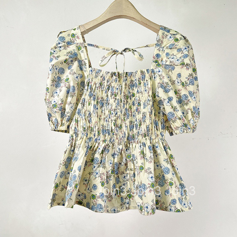 Summer New French Floral Fresh Style Square Neck Back Tie Slim Fit French Short Sleeve Top for Women