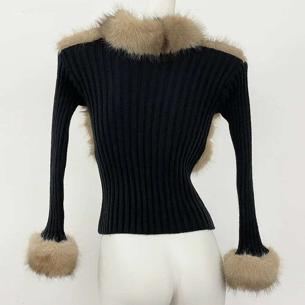 Coat Knitted Women Spring Eco-Friendly Knitwear Patchwork Long Sleeve Faux Fur Sweater Cardigan Vintage