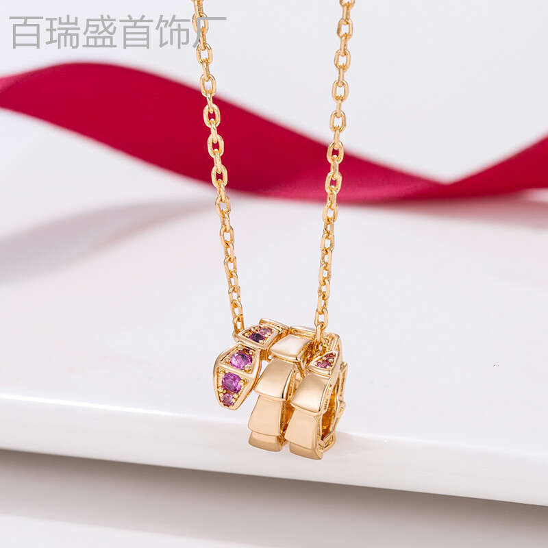 V Circle Head and Tail Smooth Snake Bone Necklace Women, Rose Gold Plated, Fully Inlaid with Dias, Snake-Shaped Double Ring Pendant for Women