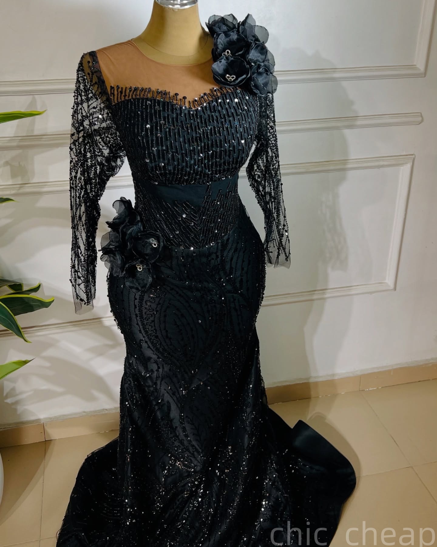 Black Mermaid Prom Dresses 2025 Beaded Flowers Sheer Neck Evening Formal Party Second Birthday Engagement Gowns Plus Size Dress For Special Occasions 