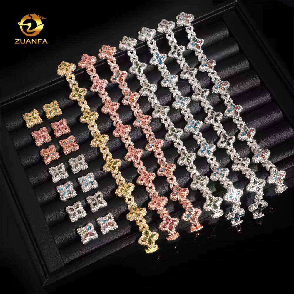 15mm Colorful Sier Hip-Hop Jewelry Iced Out Silicon Cuban Chain Bracelet & Earring Set