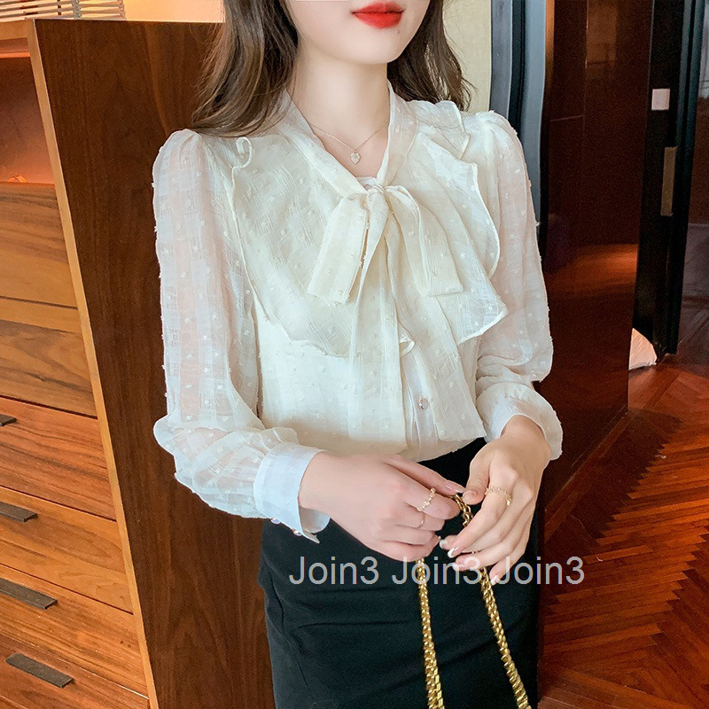 Spring and Autumn New Fashionable Sleeve Bow Collar Apricot Chiffon Blouse Womens Professional Shirt Womens Blouse