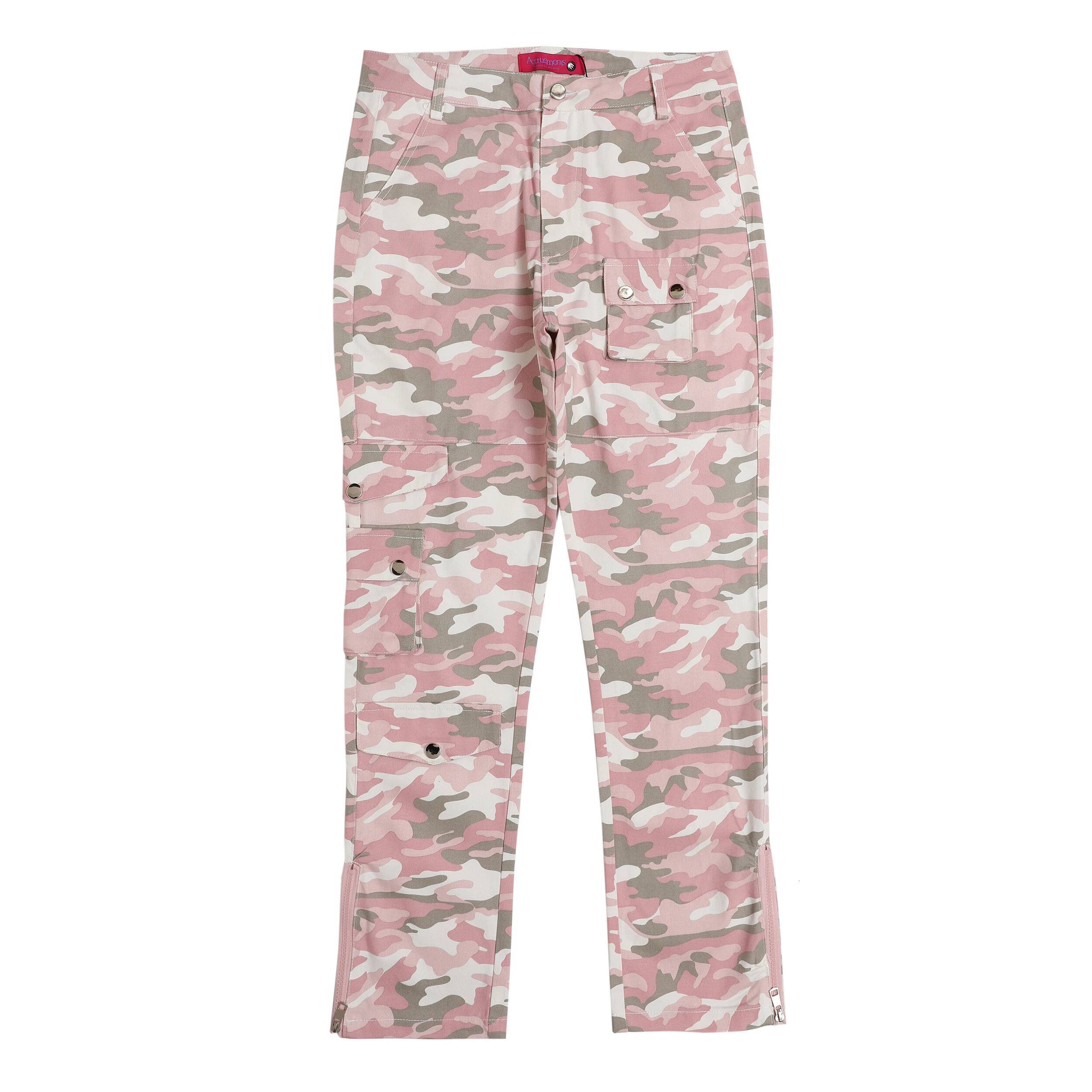 Fashion Streetwear Pink Camouflage Cargo Hip Hop Multi-Pocket Zip Up Trousers Flared Men Y2k Slim Fit Casual Pants Baggy