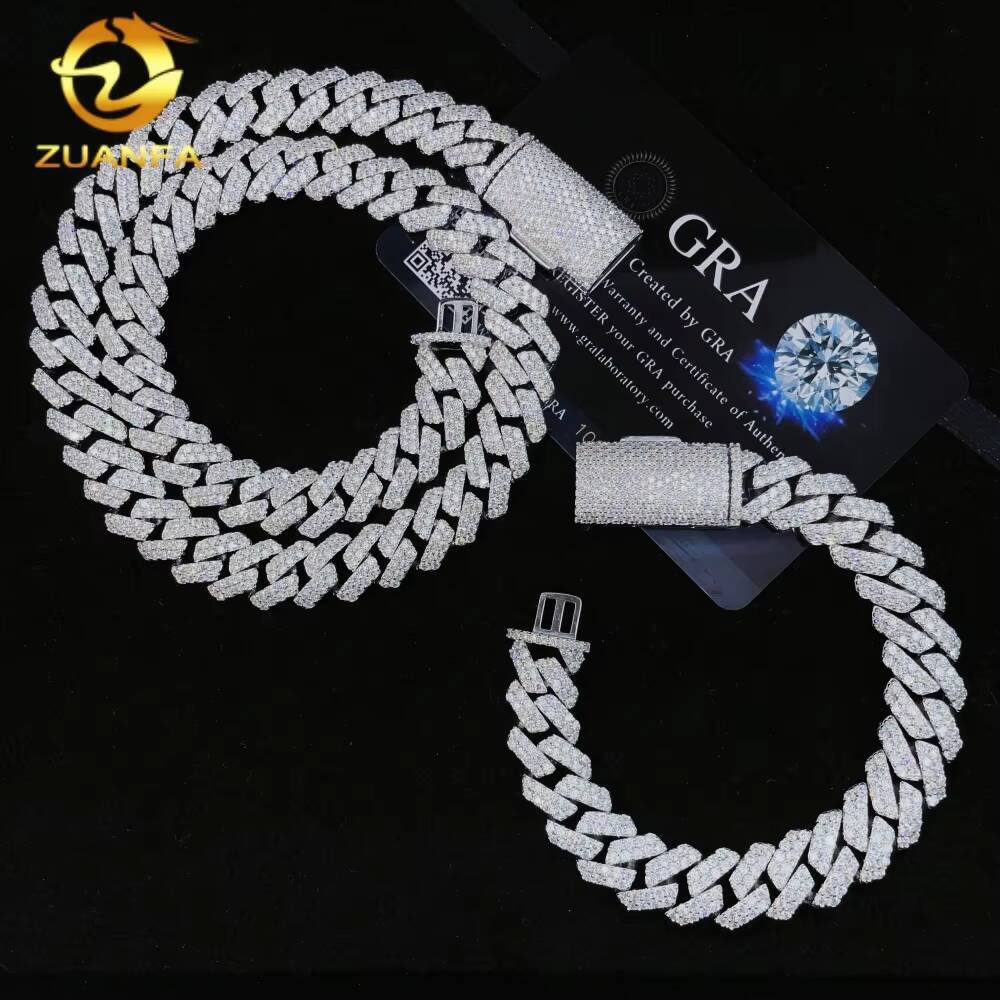 Promotion Selling Fashion Hip Hop Jewelry 925 Sterling Silver 12mm 2 Rows Iced Out VVS Moissanite Diamond Miami Cuban Link Chain
