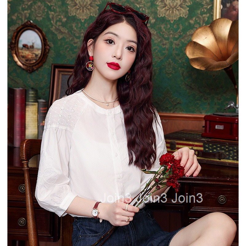 Autumn Summer New White Tencel Shirt Women Fashion French Style Three-Quarter Sleeve Blouse Top Women