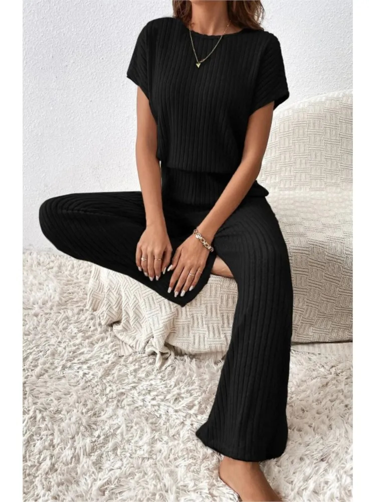 Elegant Shortsleeved Top Trousers 2piece Set For Women Fashion Autumn Winter Solid Color Knitted Suit Female 250729