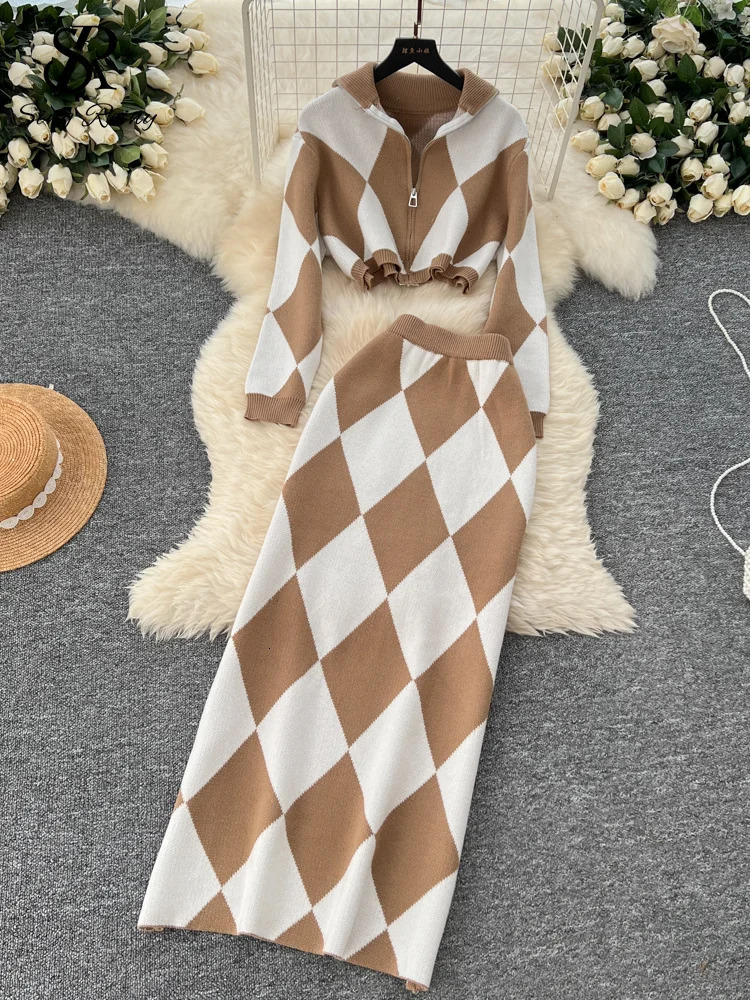 SINGREINY American Fashion Warm Suits Women Lapel Neck Zipper TopsHigh Elastic Skinny Plaid Skirt Streetwear Two Pieces Sets 250729