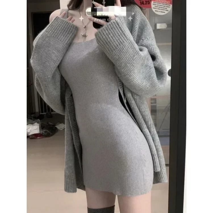 Gray 2 Piece Dress Set Women Casual Long Sleeve Cardigan Bodycon Strap Sweater Evening Party Knitted Suit Autumn 250729
