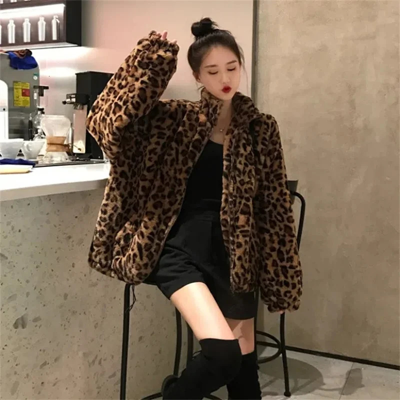 Autumn Winter Woman Jacket Leopard Mink Velvet Jacket Korean Loose Lady Outerwear Warm Female Faux Fur Coats 250723